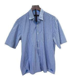 Fernando Peña Blue Gingham Cotton Short Sleeve Casual Button-Up Shirt – Large